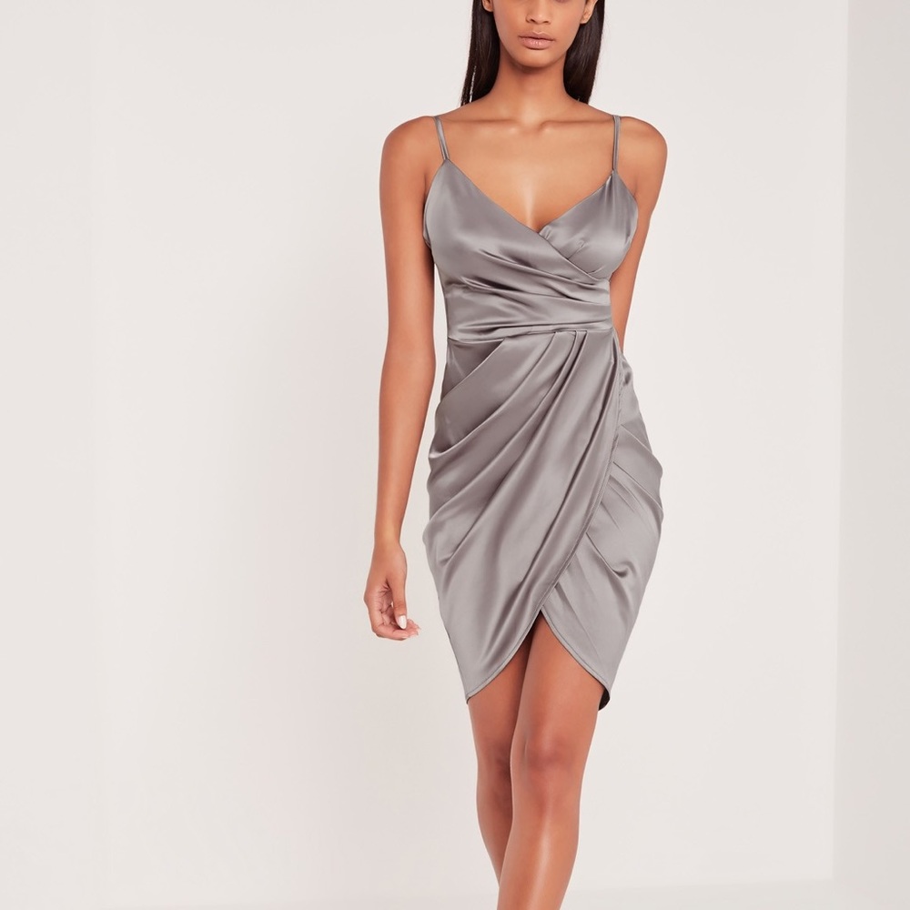 NWT Carli Bybel x Missguided Grey Silky Wrap Dress